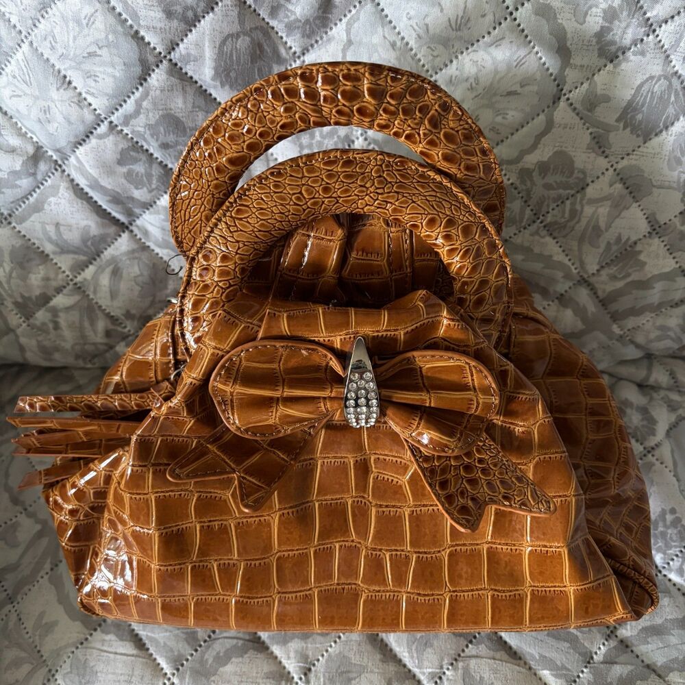 Brown Croc Embossed Patent Handbag Rhinestone Bow Satchel Purse Shoulder Strap
